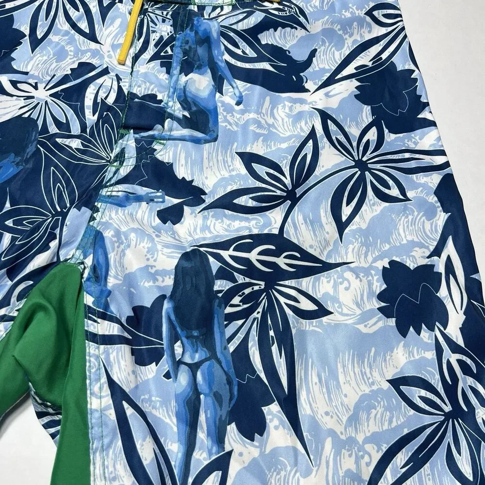 Reef Mens Vtg Y2K Board Shorts 36 Blue Bikini Tropical Floral Swim Trunks Surf